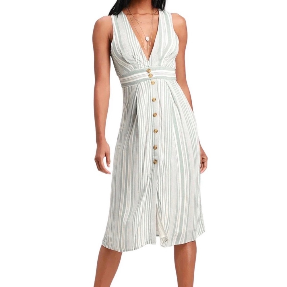 Lulus Estnelly Sage Green Striped Button-Front Midi Dress Size XS